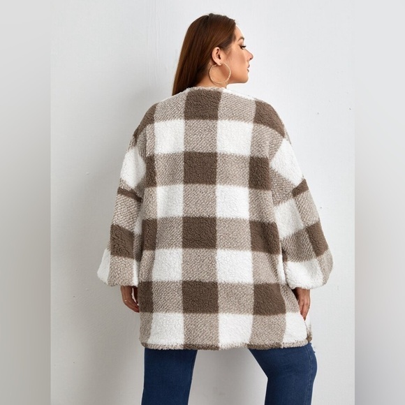 SHEIN Plus Buffalo Plaid Print Drop Shoulder Open Front Flannel Coat 💕 - Picture 3 of 10